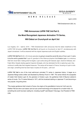 TMS Announces LUPIN the 3Rd Part 5, the Most Recognized Japanese