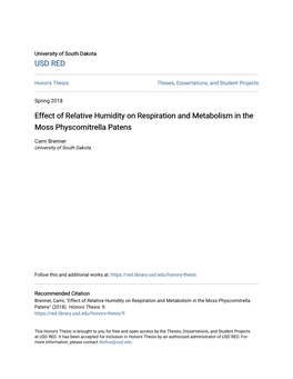 Effect of Relative Humidity on Respiration and Metabolism in the Moss Physcomitrella Patens