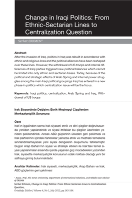 Change in Iraqi Politics: from Ethnic-Sectarian Lines to Centralization Question