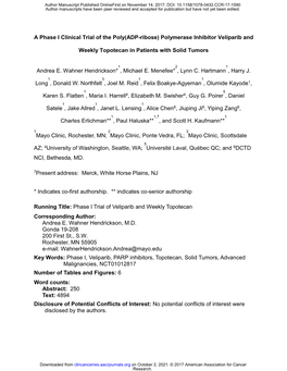 A Phase I Clinical Trial of the Poly(ADP-Ribose) Polymerase Inhibitor Veliparib And