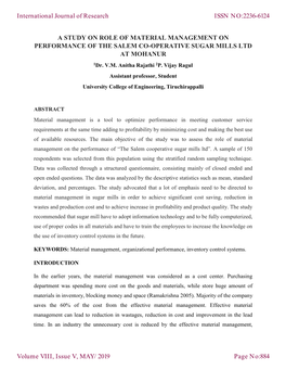 A STUDY on ROLE of MATERIAL MANAGEMENT on PERFORMANCE of the SALEM CO-OPERATIVE SUGAR MILLS LTD at MOHANUR 1Dr