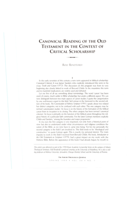 Canonical Reading of the Old Testament in the Context of Critical Scholarship