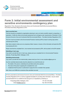 Form 3: Initial Environmental Assessment and Sensitive Environments Contingency Plan