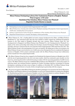 Mitsui Fudosan Participating in Seven New Condominium Projects in Bangkok, Thailand (Total of Approx