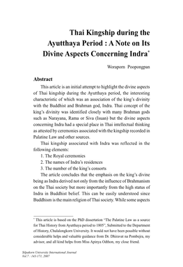 Thai Kingship During the Ayutthaya Period : a Note on Its Divine Aspects Concerning Indra*