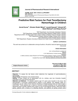 Predictive Risk Factors for Post Tonsillectomy Hemorrhage in Children