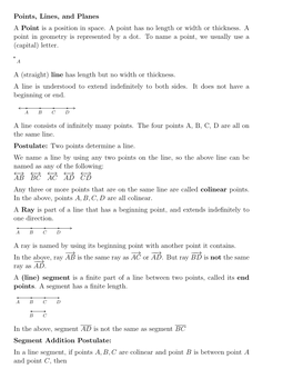 Points, Lines, and Planes a Point Is a Position in Space. a Point Has No Length Or Width Or Thickness