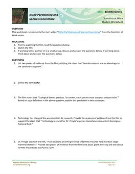 Niche Partitioning and Species Coexistence Scientists at Work Student Worksheet