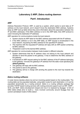 Laboratory 2 ARP; Zebra Routing Daemon Part1. Introduction