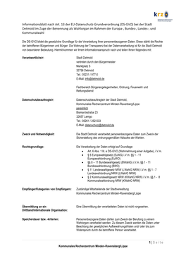 1 | Seite Informationsblatt Nach Art. 13 Der EU-Datenschutz-Grundverordnung (DS-GVO) Bei Der Stadt Detmold Im Zuge Der Benennung