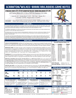 Scranton/Wilkes-Barre Railriders Game Notes Syracuse Chiefs (23-23) @ Scranton/Wilkes-Barre Railriders (21-26) LHP Tommy Milone (2-4, 6.18) Vs