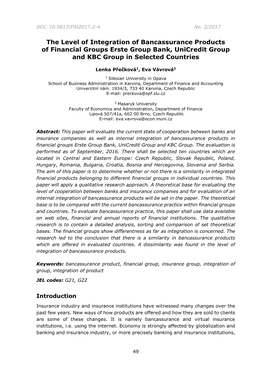 The Level of Integration of Bancassurance Products of Financial Groups Erste Group Bank, Unicredit Group and KBC Group in Selected Countries