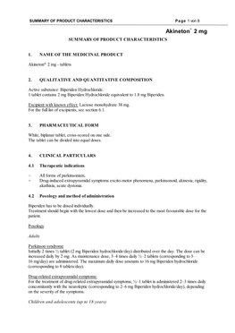 Akineton 2 Mg SUMMARY of PRODUCT CHARACTERISTICS