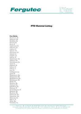 PVD Material Listing