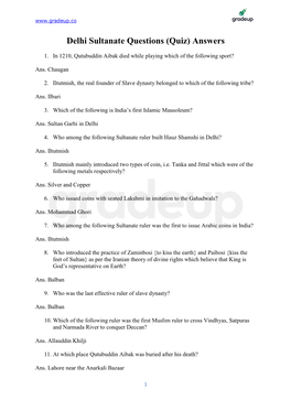 Delhi Sultanate Questions (Quiz) Answers