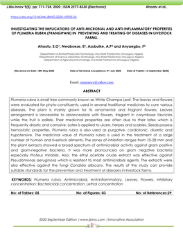 (Frangipani) in Preventing and Treating of Diseases in Livestock Farms