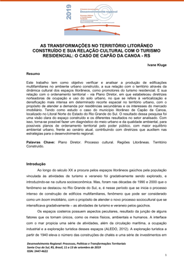 As Transformações No Território Litorâneo Construído E Sua Relação Cultural Com O Turismo Residencial: O Caso De Capão Da Canoa - Rs