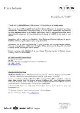 The Rezidor Hotel Group Utilizes Part of Repurchase Authorization