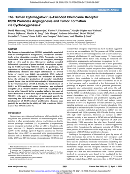 The Human Cytomegalovirus–Encoded Chemokine Receptor US28 Promotes Angiogenesis and Tumor Formation Via Cyclooxygenase-2
