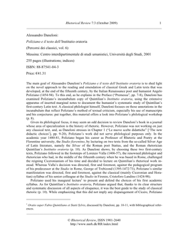 Alessandro Daneloni: Poliziano E Il Testo Dell'institutio Oratoria (Percorsi