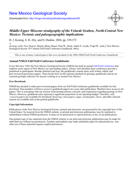 Middle-Upper Miocene Stratigraphy of the Velarde Graben, North-Central New Mexico: Tectonic and Paleogeographic Implications D