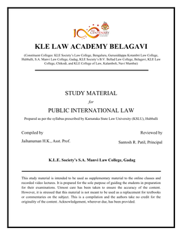 PUBLIC INTERNATIONAL LAW Prepared As Per the Syllabus Prescribed by Karnataka State Law University (KSLU), Hubballi