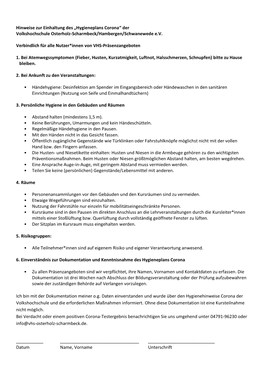 Hinweise Zur Einhaltung Des „Hygieneplans Corona“ Der Volkshochschule Osterholz-Scharmbeck/Hambergen/Schwanewede E.V