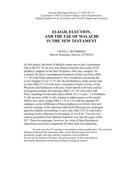 Elijah, Election, and the Use of Malachi in the New Testament