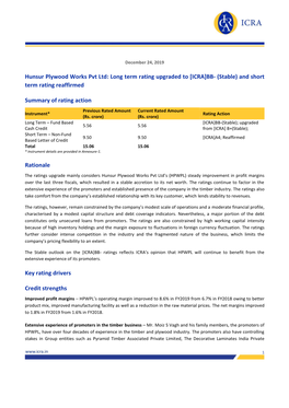 Hunsur Plywood Works Pvt Ltd: Long Term Rating Upgraded to [ICRA]BB- (Stable) and Short Term Rating Reaffirmed