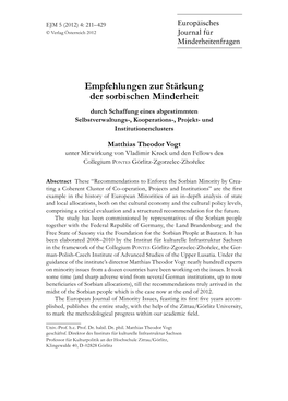 Empfehlungen Zur Stärkung Der Sorbischen Minderheit Durch Schaffung Eines Abgestimmten Selbstverwaltungs-, Kooperations-, Projekt- Und Institutionenclusters