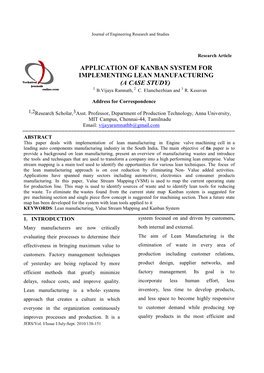 APPLICATION of KANBAN SYSTEM for IMPLEMENTING LEAN MANUFACTURING (A CASE STUDY) 1 2 3 B.Vijaya Ramnath, C