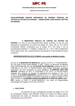 Excelentíssimo Senhor Presidente Do Egrégio Tribunal De Contas Do Estado Do Paraná – Conselheiro José Durval Mattos Do Amaral