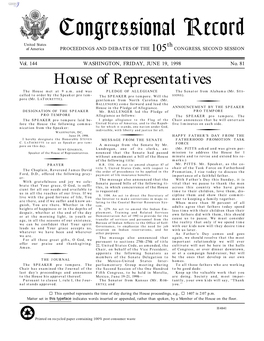 Congressional Record United States Th of America PROCEEDINGS and DEBATES of the 105 CONGRESS, SECOND SESSION