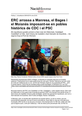 ERC Arrassa a Manresa, El Bages I El Moianès Imposant-Se En Pobles