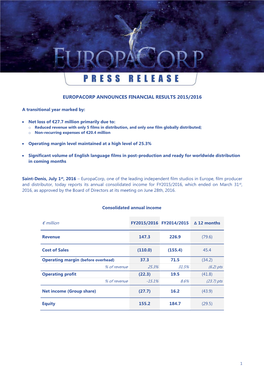 Europacorp Announces Financial Results 2015/2016