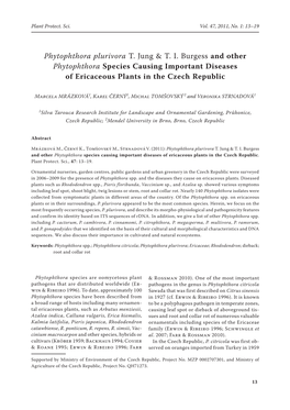 Phytophthora Plurivora T. Jung & T. I. Burgess and Other Phytophthora Species Causing Important Diseases of Ericaceous Plant