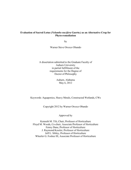 Evaluation of Sacred Lotus (Nelumbo Nucifera Gaertn.) As an Alternative Crop for Phyto-Remediation by Warner Steve Orozco Oband