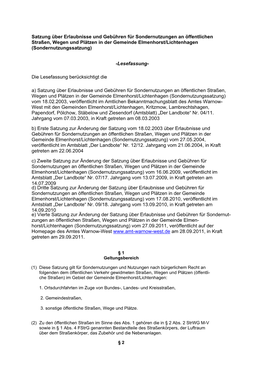 Satzung Über Erlaubnisse Und Gebühren Für Sondernutzungen an Öffentlichen Straßen, Wegen Und Plätzen in Der Gemeinde Elmenhorst/Lichtenhagen (Sondernutzungssatzung)