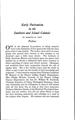 Early Puritanism in the Southern and Island Colonies