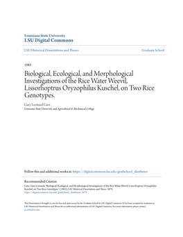 Biological, Ecological, and Morphological Investigations of the Rice Water Weevil, Lissorhoptrus Oryzophilus Kuschel, on Two Rice Genotypes