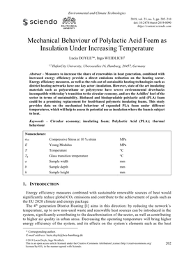 Mechanical Behaviour of Polylactic Acid Foam As Insulation Under Increasing Temperature