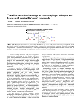 Transition Metal-Free Homologative Cross-Coupling of Aldehydes and Ketones with Geminal Bis(Boron) Compounds Thomas C