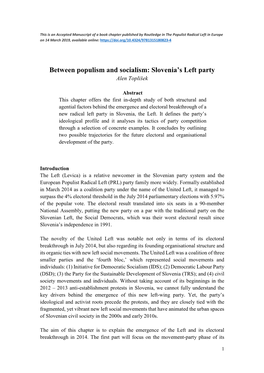 Between Populism and Socialism: Slovenia’S Left Party Alen Toplišek