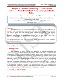 Analysis of Groundwater Quality of Some Selected Stations of Palar Riverbed in Vellore District, Tamilnadu, India