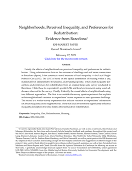 Neighborhoods, Perceived Inequality, and Preferences for Redistribution: Evidence from Barcelona∗