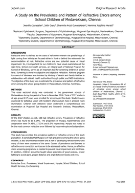 A Study on the Prevalence and Pattern of Refractive Errors Among School Children of Medavakkam, Chennai