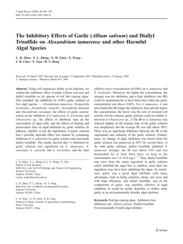 The Inhibitory Effects of Garlic (Allium Sativum) and Diallyl Trisulfide on Alexandrium Tamarense and Other Harmful Algal Species