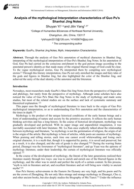 Analysis of the Mythological Interpretation Characteristics of Guo Pu's Shanhai Jing Notes Shuyan Yi1, a and Jilin Yang1, B*