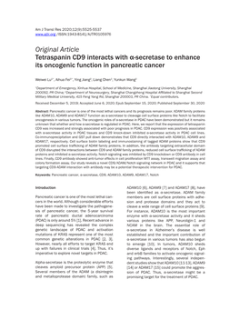 Original Article Tetraspanin CD9 Interacts with Α-Secretase to Enhance Its Oncogenic Function in Pancreatic Cancer