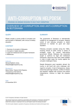 Overview of Corruption and Anti-Corruption in Botswana